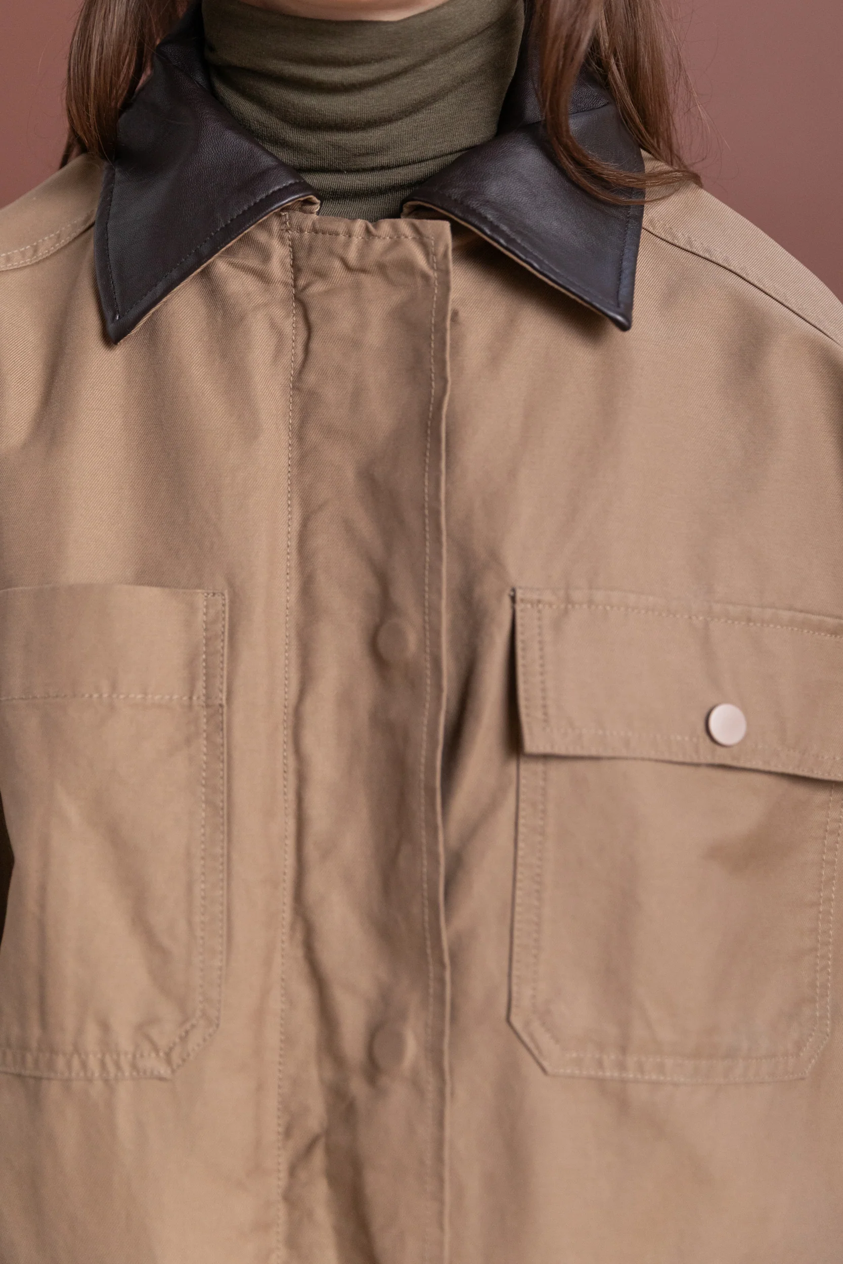 CONTRAST COLLAR WORK JACKET IN DARK BEIGE - Image 6