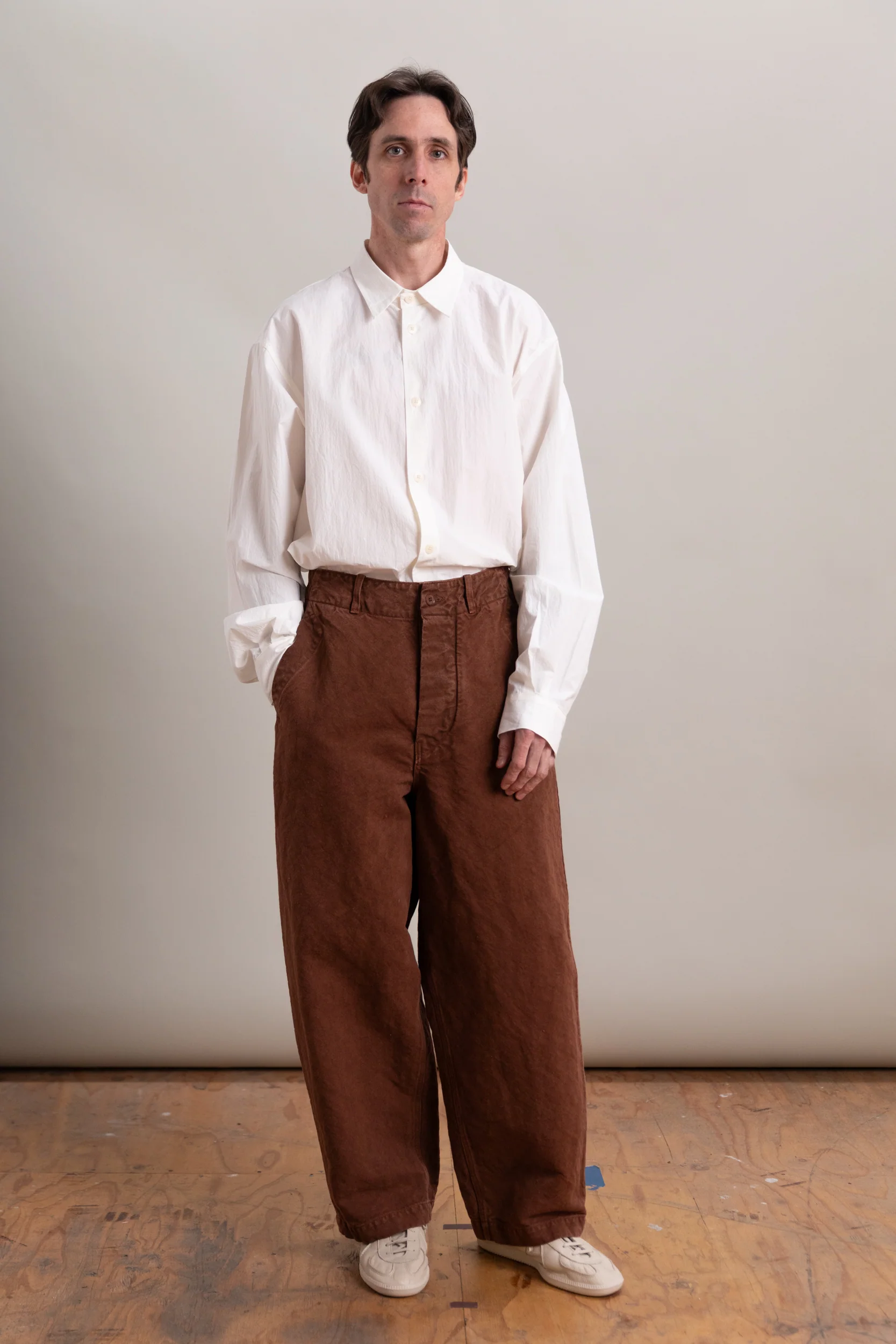 WIDE PANTS IN BROWN HEAVY COTTON HEMP OXFORD