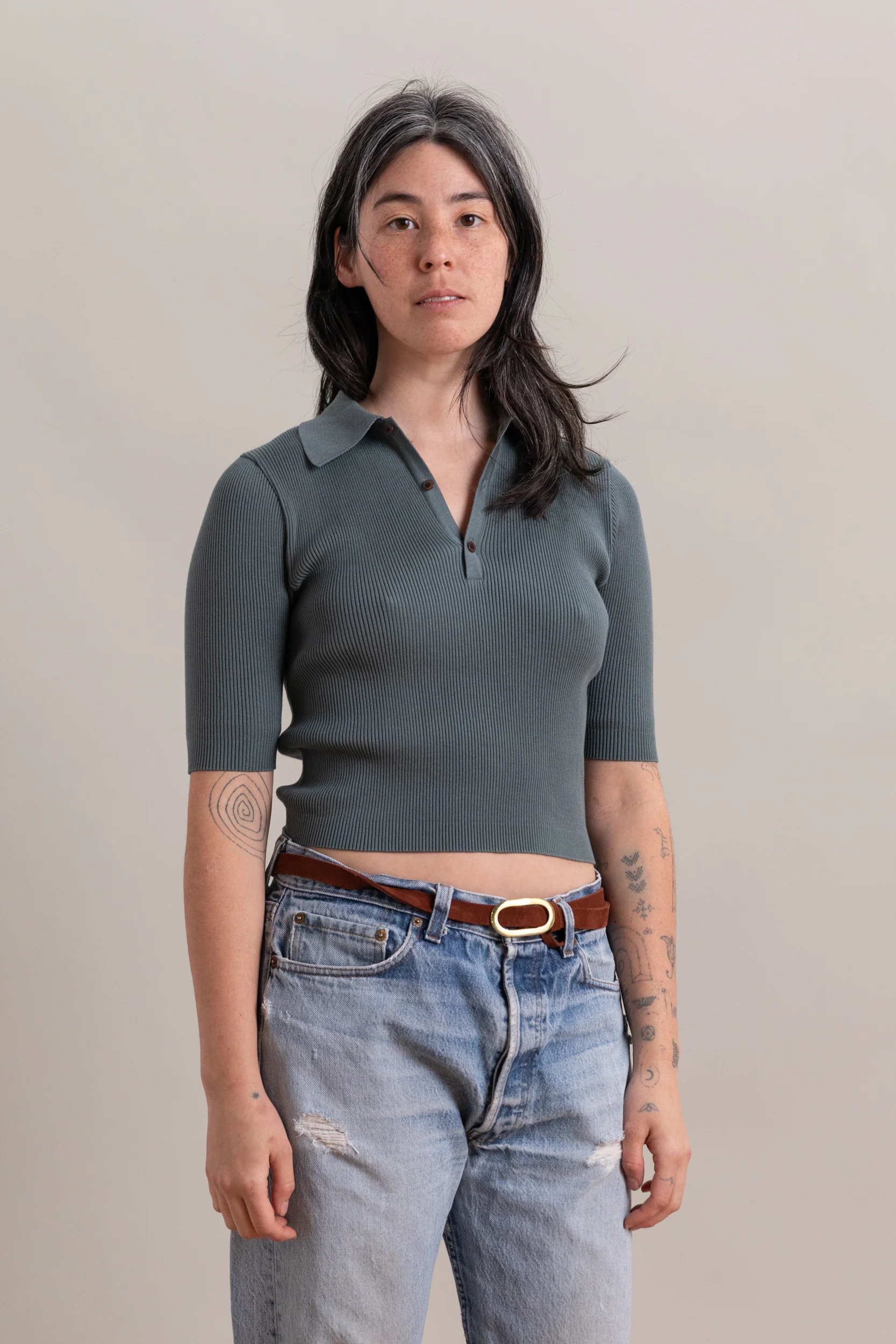 COTTON HIGH GAUGE RIB KNIT POLO IN SAGE GRAY