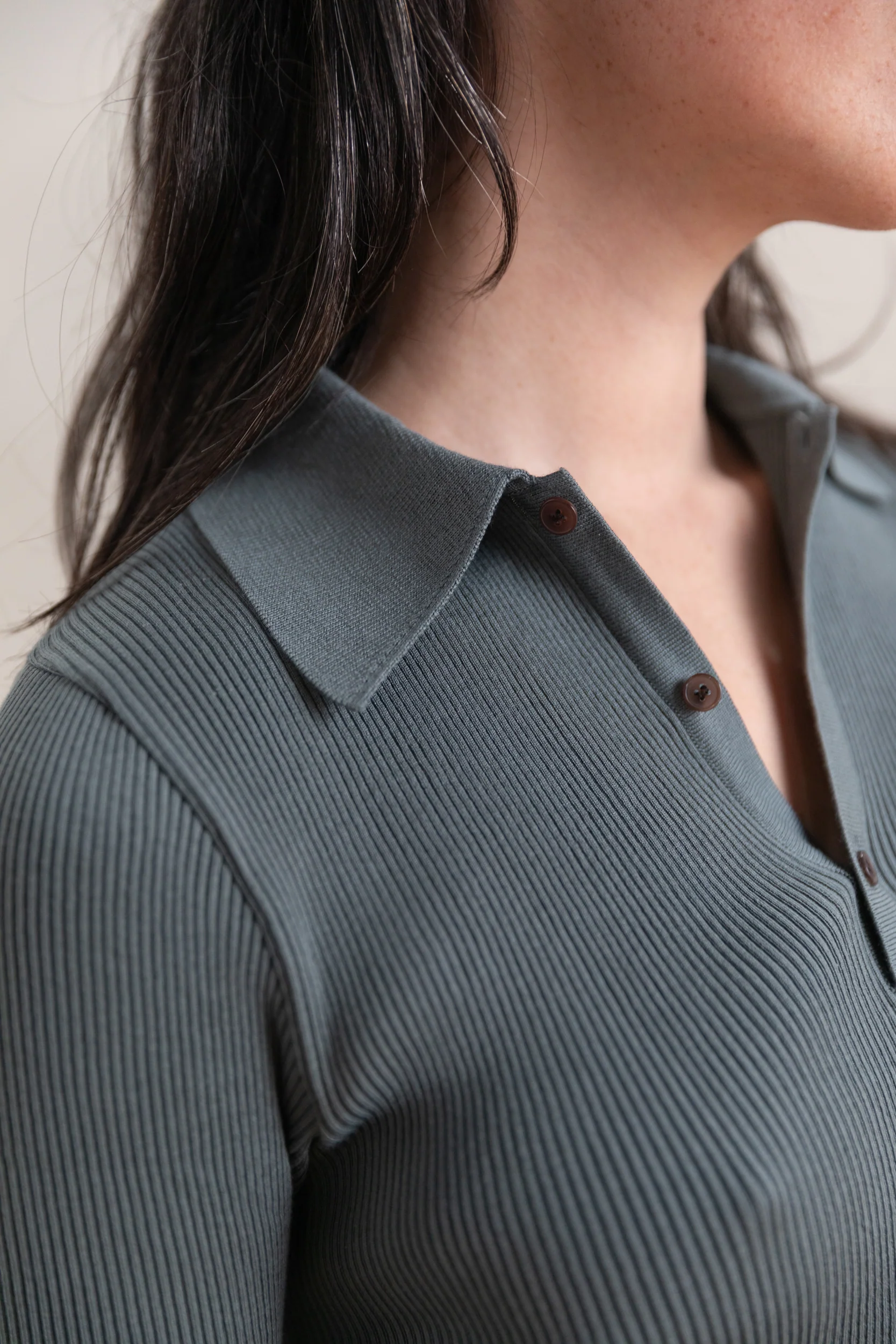 COTTON HIGH GAUGE RIB KNIT POLO IN SAGE GRAY - Image 2