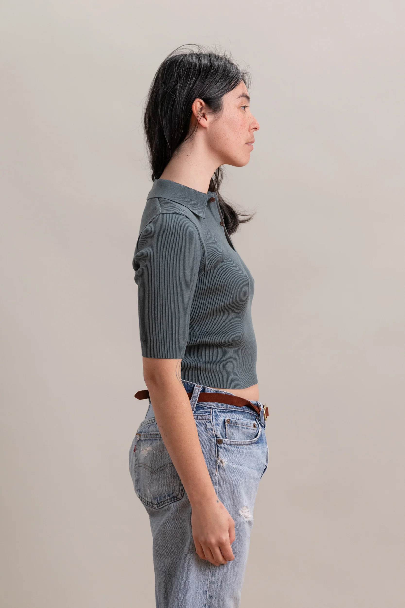 COTTON HIGH GAUGE RIB KNIT POLO IN SAGE GRAY - Image 5