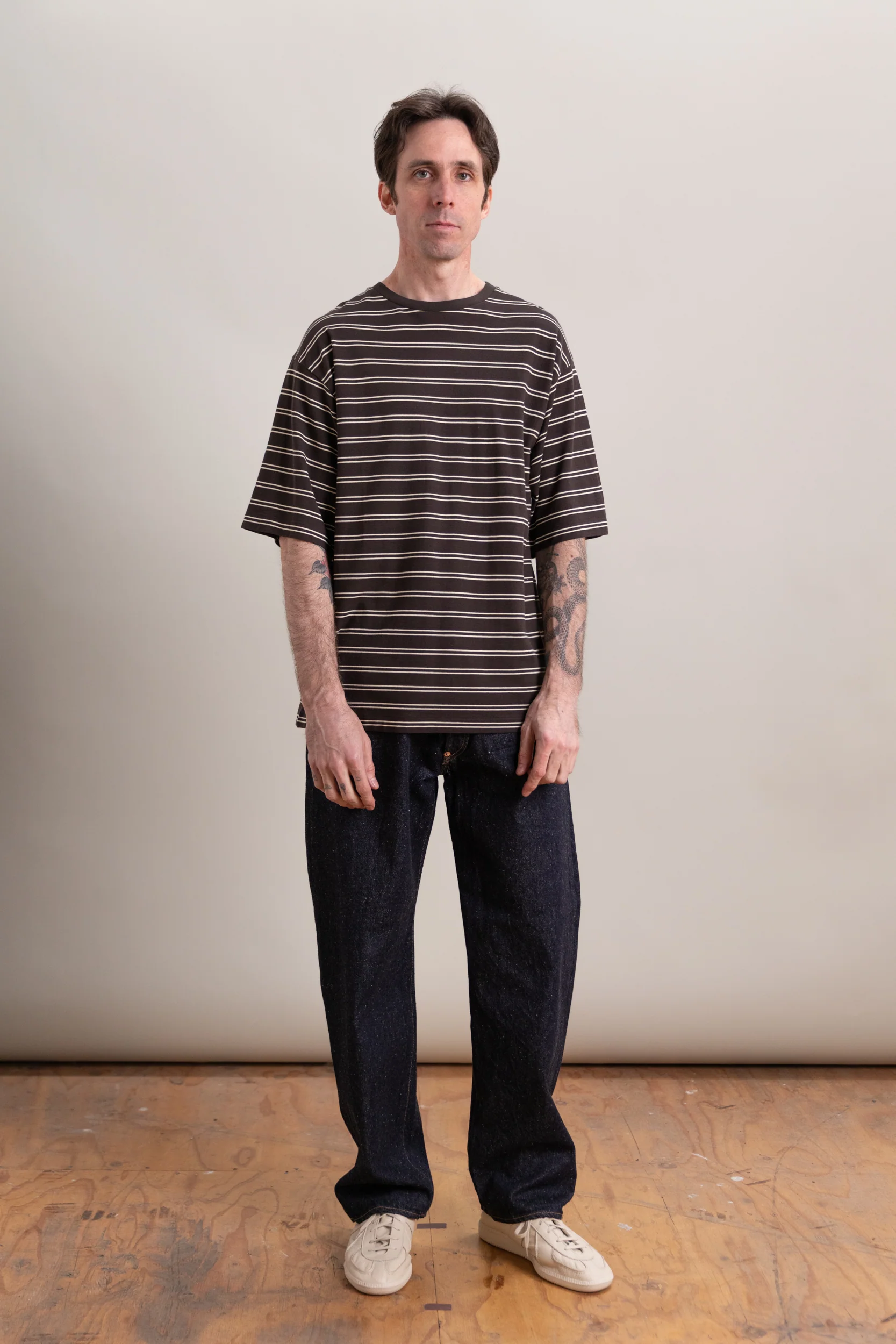 HALF SLEEVE TEE IN BROWN WIDE STRIPE HARD TWIST COTTON - Image 3