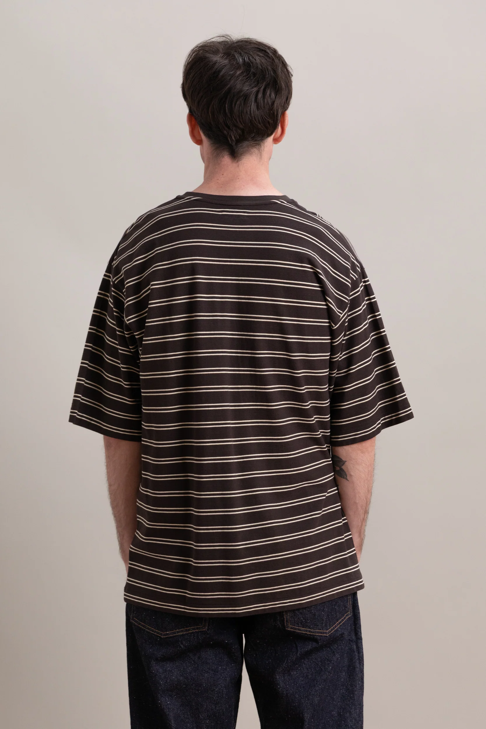 HALF SLEEVE TEE IN BROWN WIDE STRIPE HARD TWIST COTTON - Image 5