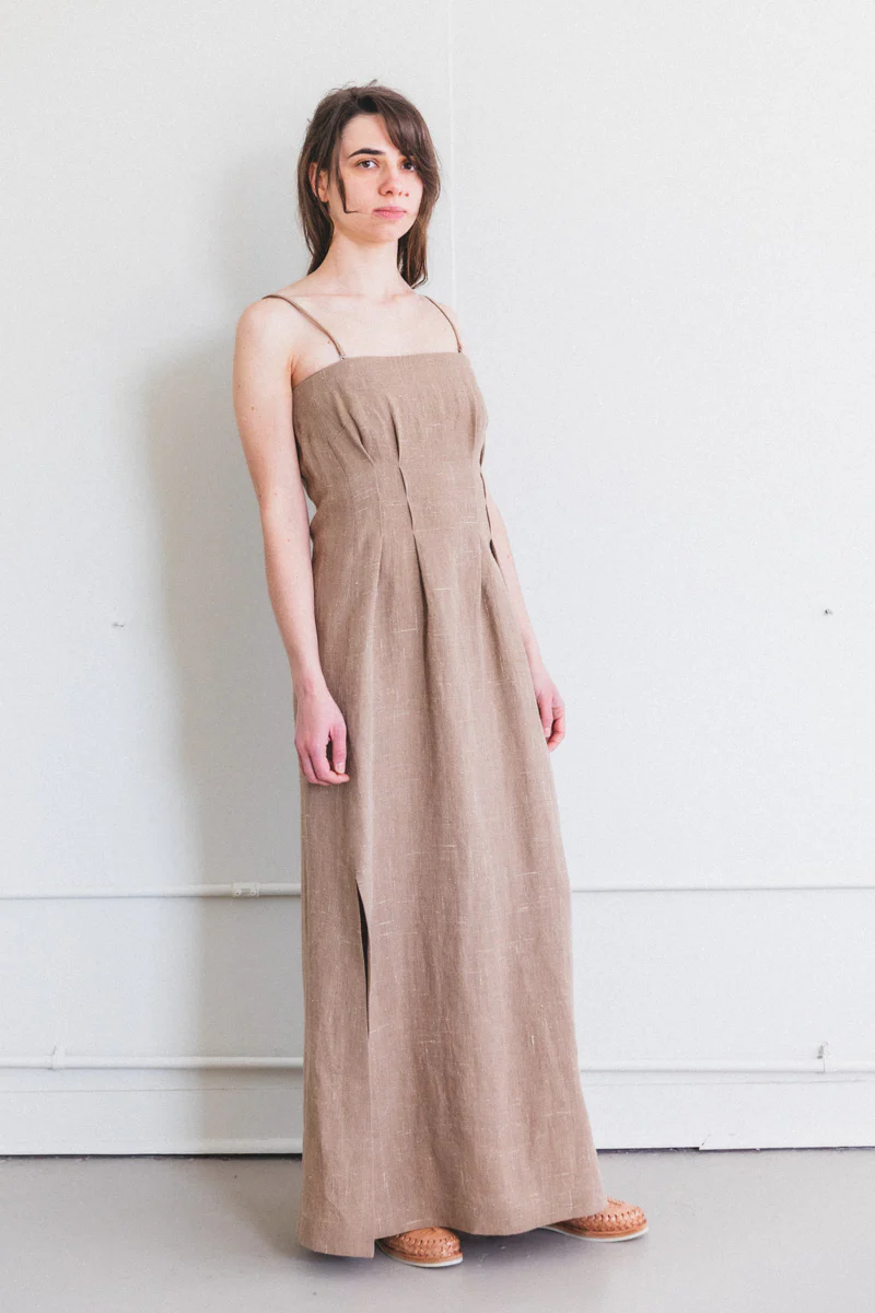 LINEN SILK TWEED DRESS IN BROWN - Image 3