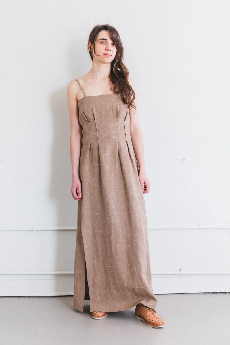 LINEN SILK TWEED DRESS IN BROWN - Image 7