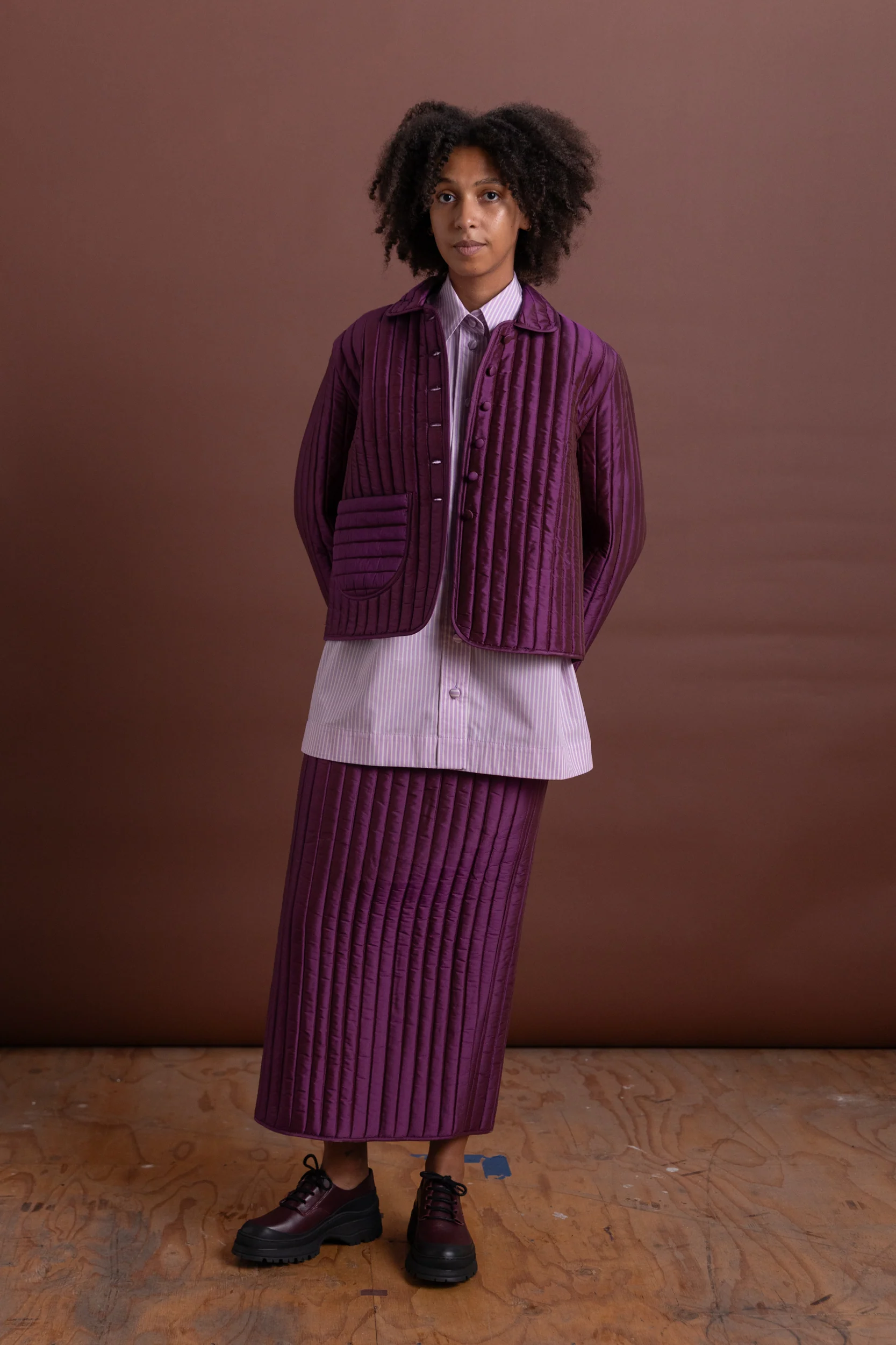 SADIE SKIRT IN PLUM QUILTED SILK