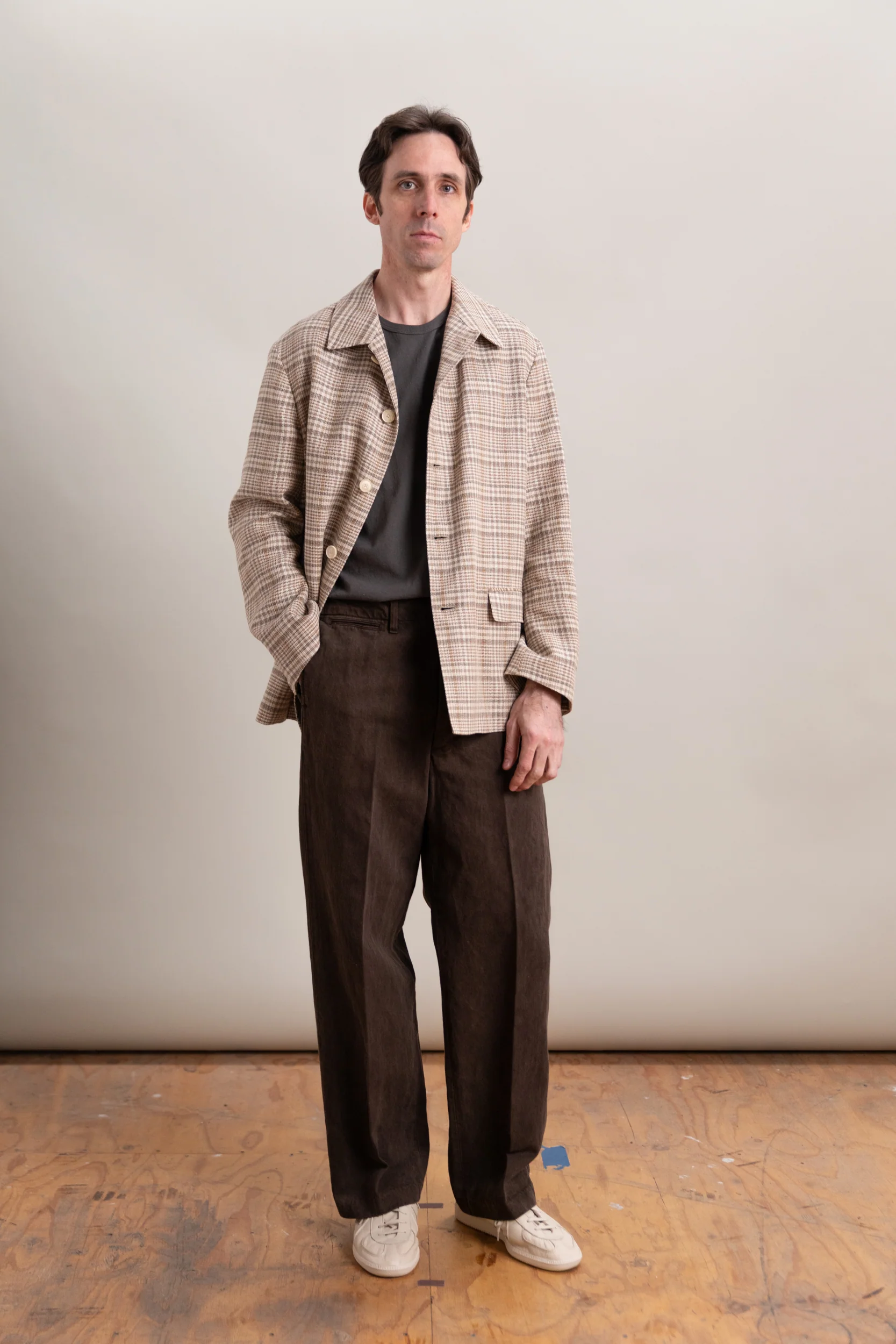 SILK LINEN NEP CHECK JACKET IN BEIGE IVORY CHECK - Image 3