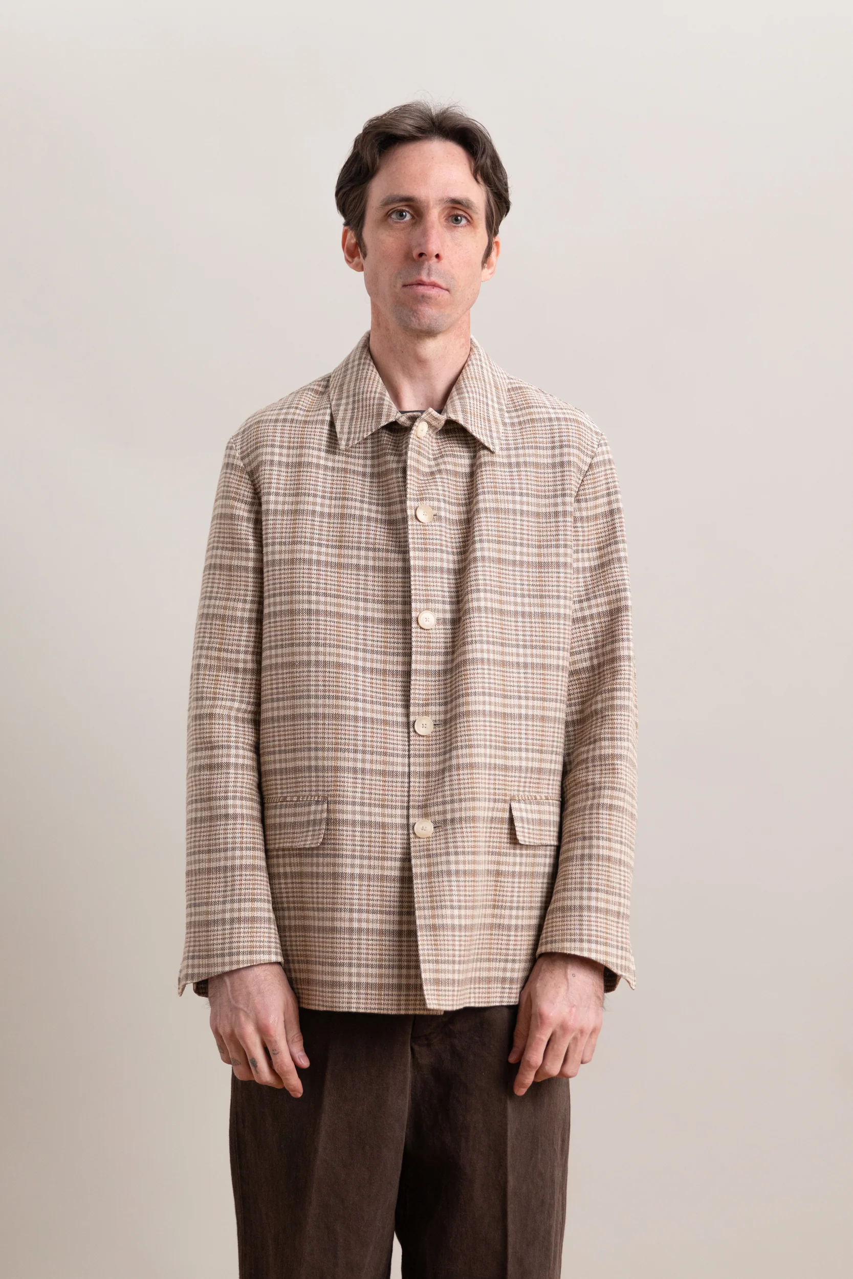 SILK LINEN NEP CHECK JACKET IN BEIGE IVORY CHECK - Image 4