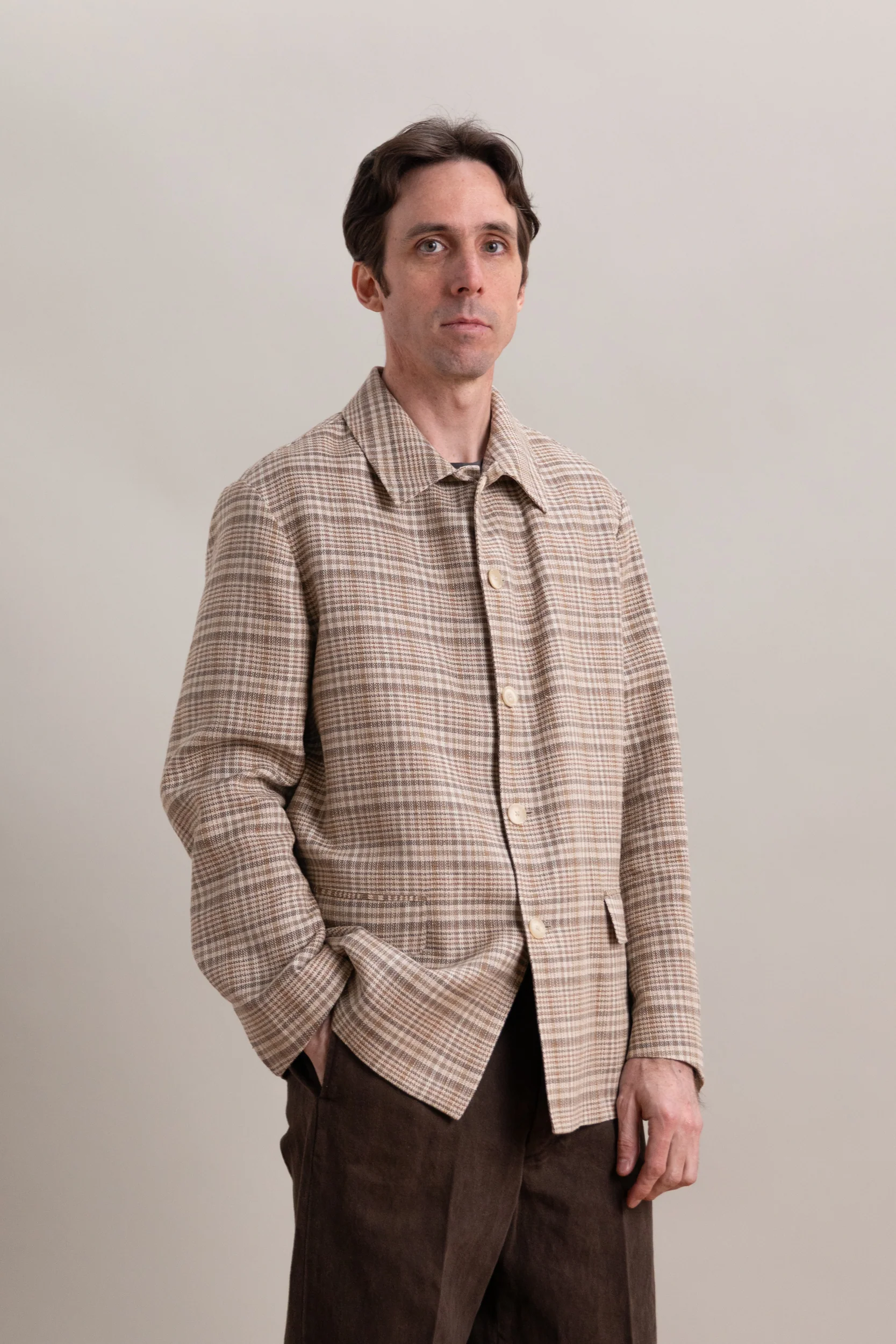 SILK LINEN NEP CHECK JACKET IN BEIGE IVORY CHECK - Image 6