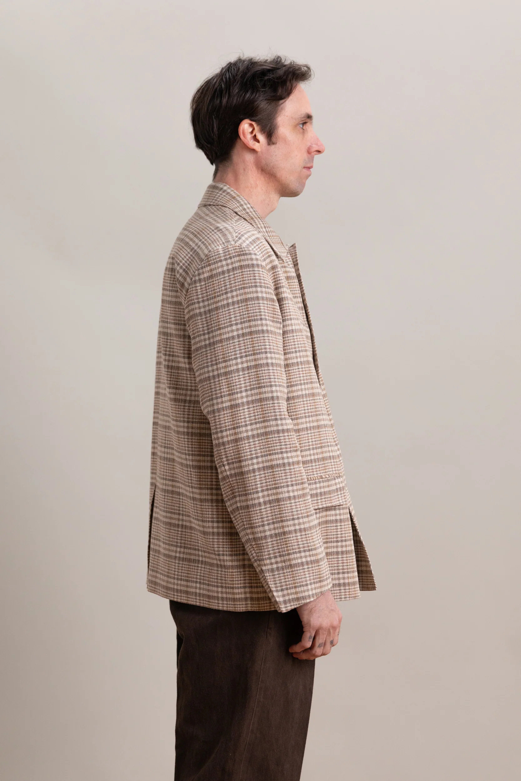 SILK LINEN NEP CHECK JACKET IN BEIGE IVORY CHECK - Image 7