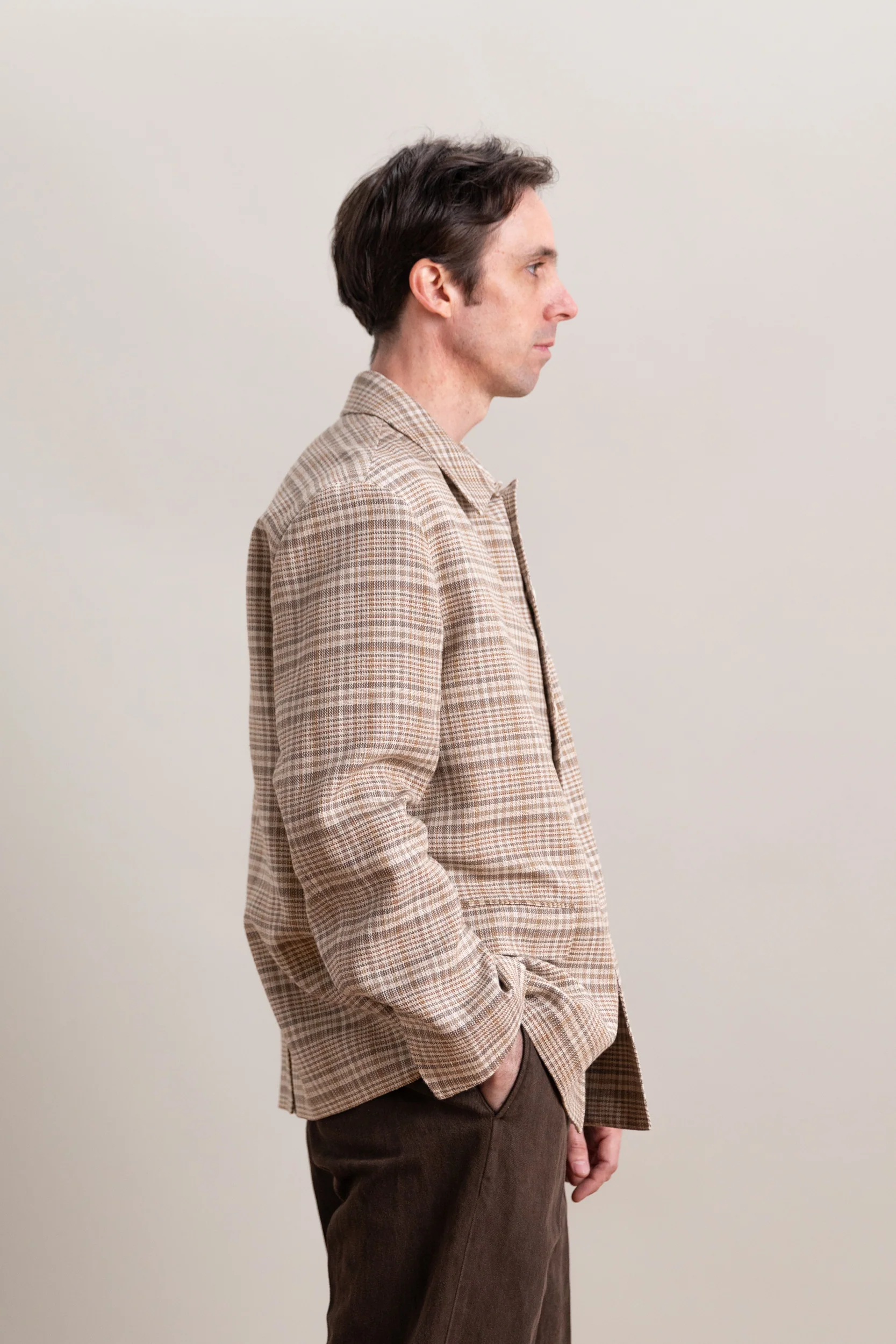 SILK LINEN NEP CHECK JACKET IN BEIGE IVORY CHECK - Image 8
