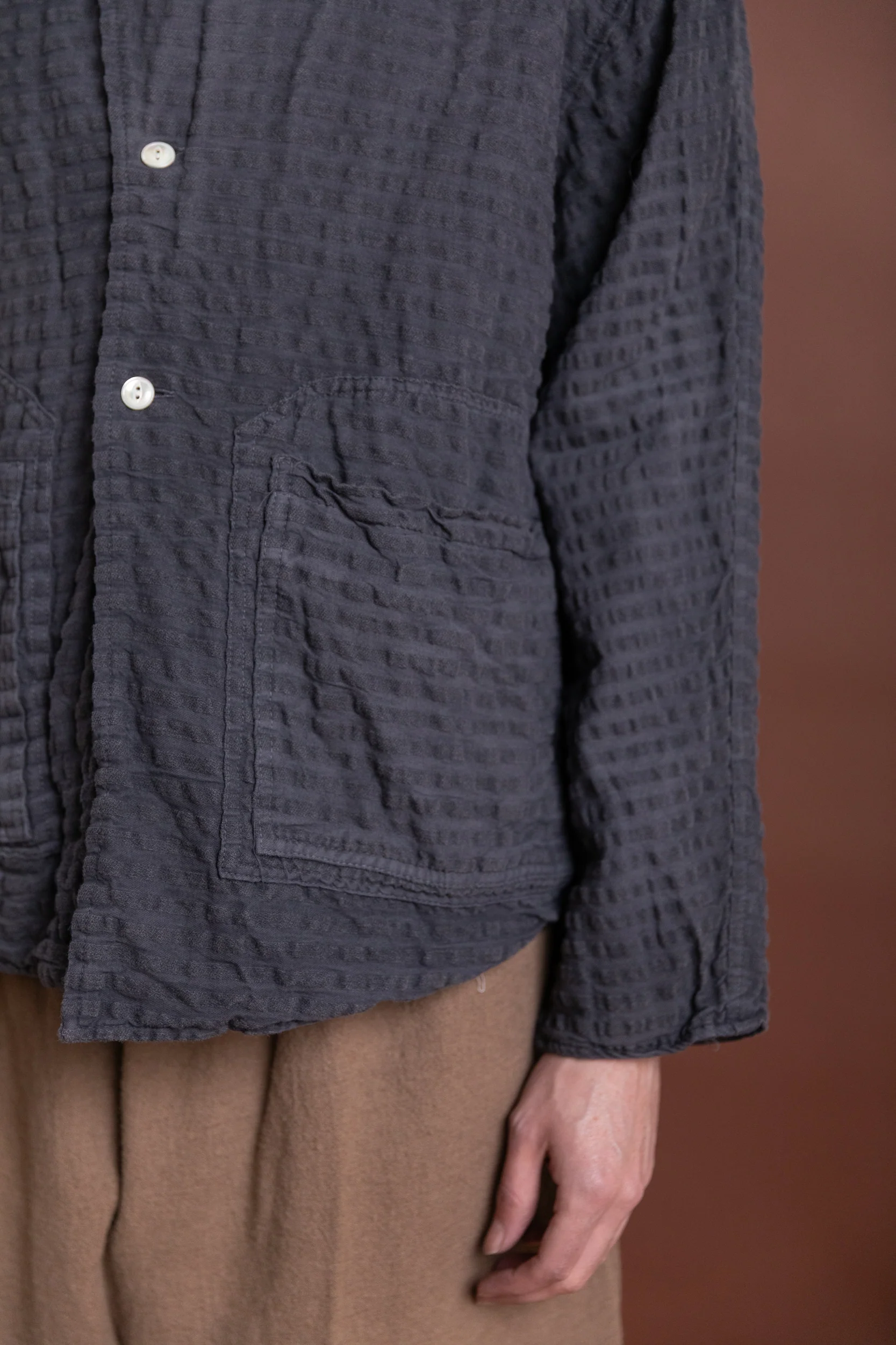 TWO:ONE BUTTERFLY JACKET IN CHESTNUT DYED WOOL COTTON SEERSUCKER - Image 6