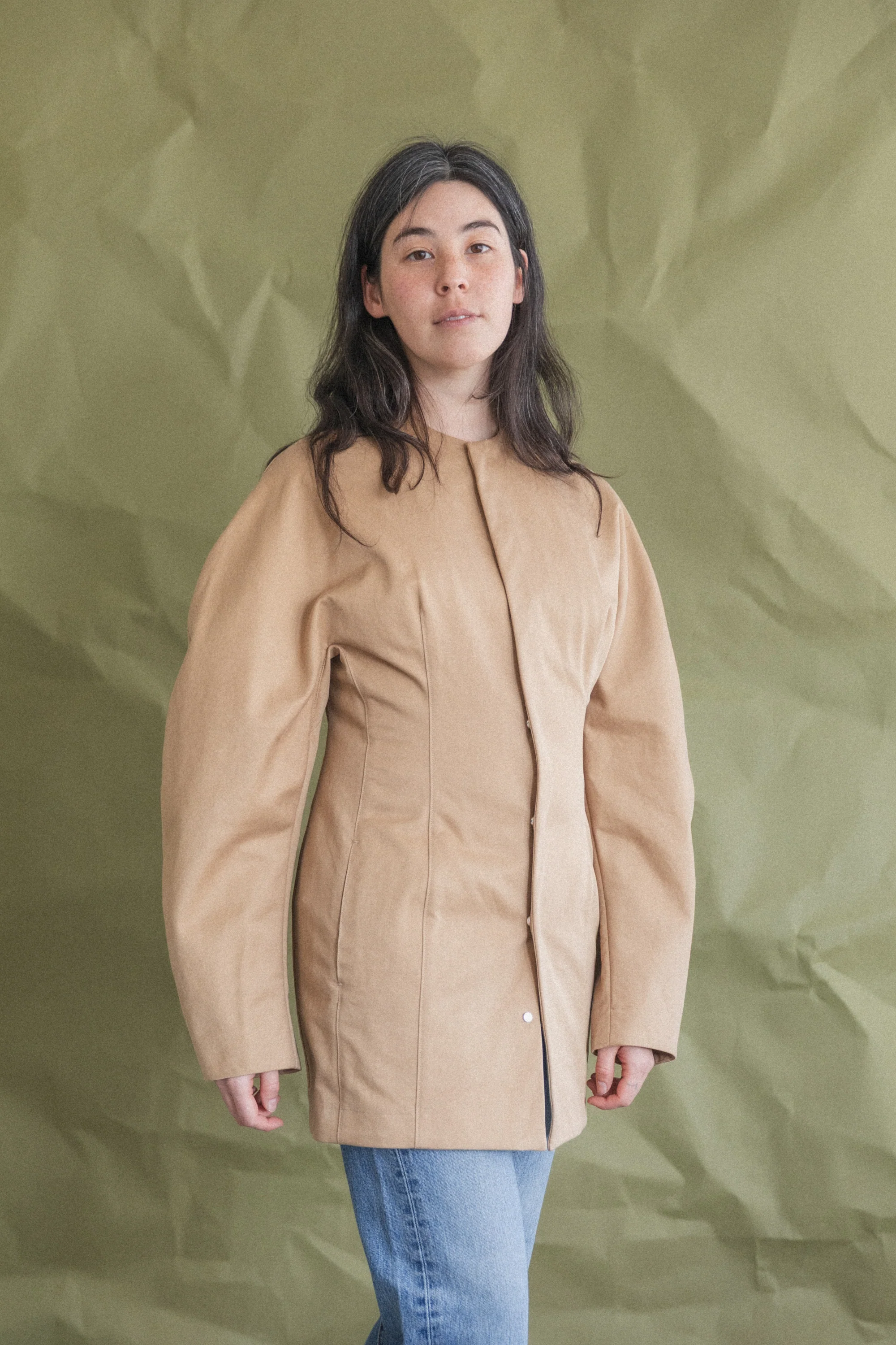 WASHED FINX CHINO HALF COAT IN CAMEL BROWN - Image 7
