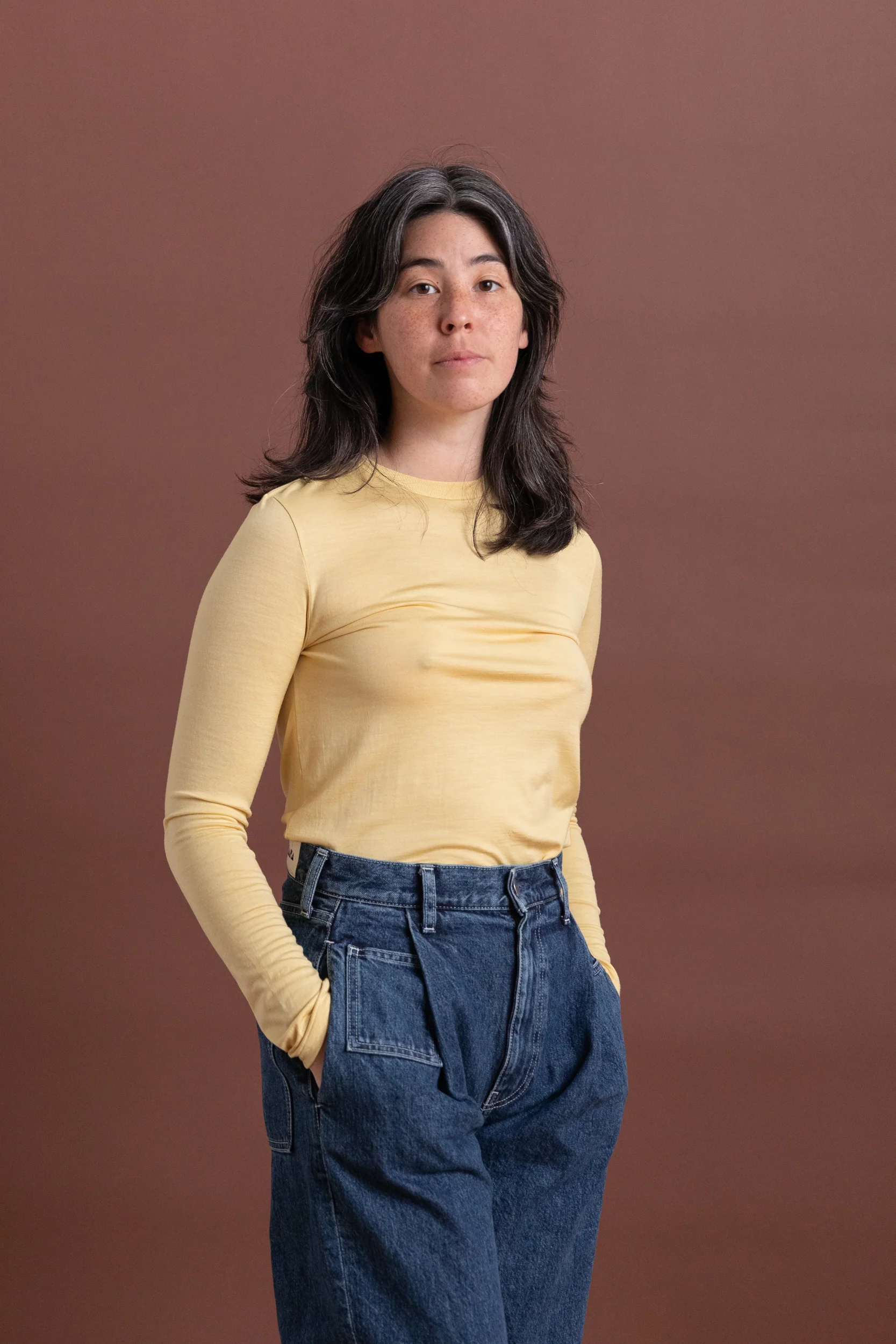 WOOL SOFT JERSEY LONG SLEEVE TEE IN MUSTARD YELLOW - Image 3
