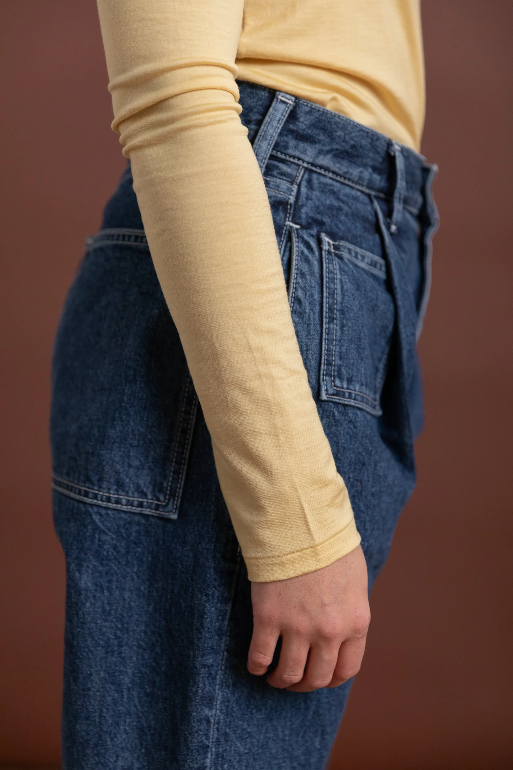 WOOL SOFT JERSEY LONG SLEEVE TEE IN MUSTARD YELLOW - Image 6